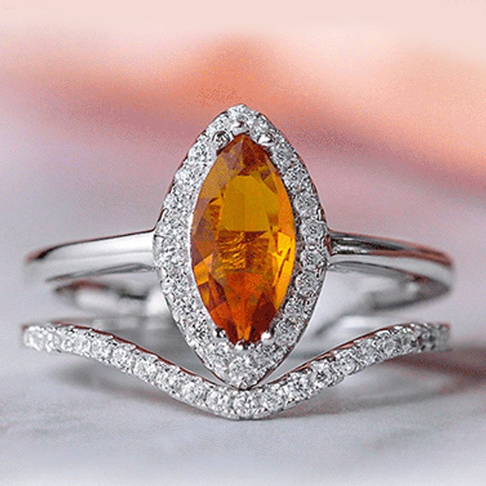 Marquise Style Citrine orange ring set, size 7, 925 Sterling silver